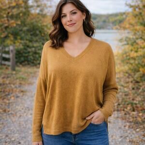 J. Jill SZ L Relaxed V Neck Pullover Wool Silk Blend Sweater Gold Melange